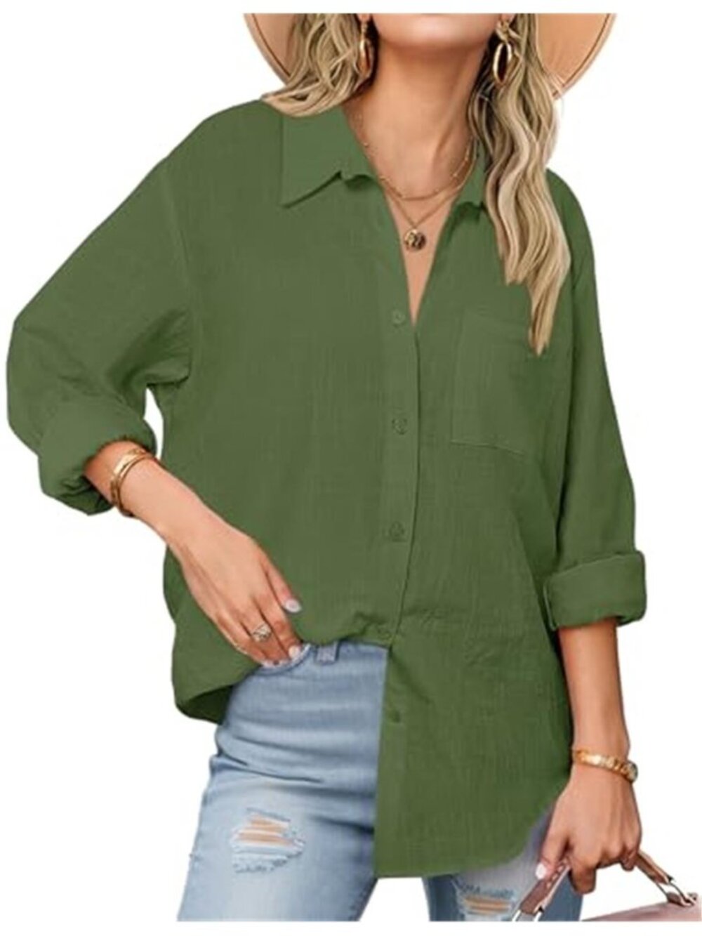 Army Green Cotton Gauze Button Down Shirt Long Sleeve Loose Collared Blouse